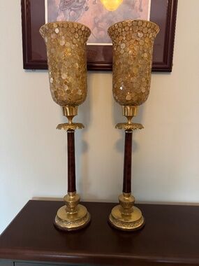 Two tall Brass and glass vases